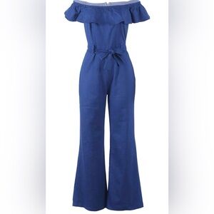 Denim Off Shoulder Ruffle Sleeve Wide Leg Jumpsuit